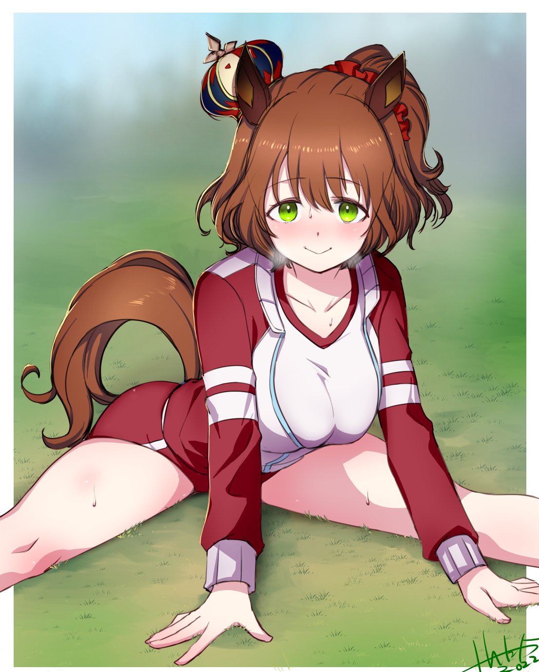 1girl animal_ears aston_machan_(umamusume) blush breasts brown_hair buruma collarbone commentary crown feet_out_of_frame green_eyes gym_shirt hair_ornament hair_scrunchie highres horse_ears horse_girl jacket kantaka large_breasts long_hair looking_at_viewer one_side_up red_scrunchie scrunchie shirt signature smile solo stretching tracen_training_uniform track_jacket umamusume