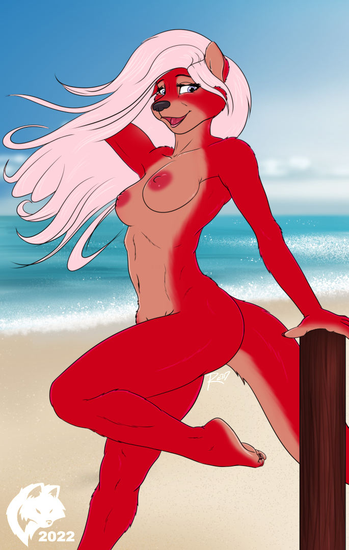 2022 anthro beach black_nose blue_eyes breasts cheyanne_matoka claws digital_media_(artwork) feet female finger_claws fingers flat_colors fur ghostwolf hair hand_behind_head humanoid_feet humanoid_hands long_hair lutrine mammal mustelid navel nipples nude open_mouth open_smile outside raised_foot red_body red_fur sand sea sea_otter seaside signature smile solo toe_claws toe_curl toes tongue water white_hair