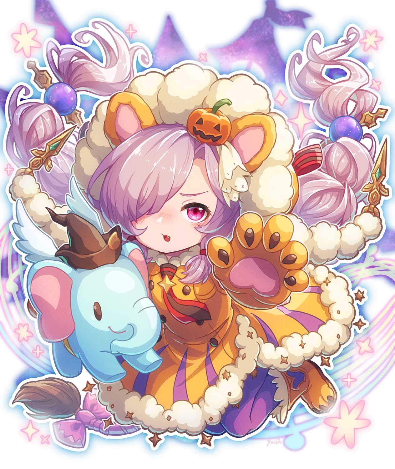 animal_costume animal_ears animal_hands bow dress gloves granblue_fantasy hair_ornament harvin highres jack-o'-lantern jack-o'-lantern_hair_ornament lion_costume lion_ears lion_tail niyon_(granblue_fantasy) niyon_(lejonskrik)_(granblue_fantasy) orange_dress pantyhose paw_gloves purple_pantyhose purple_ribbon ribbon striped striped_ribbon tail tail_bow tail_ornament yuiko_(yuiyuiko_108)