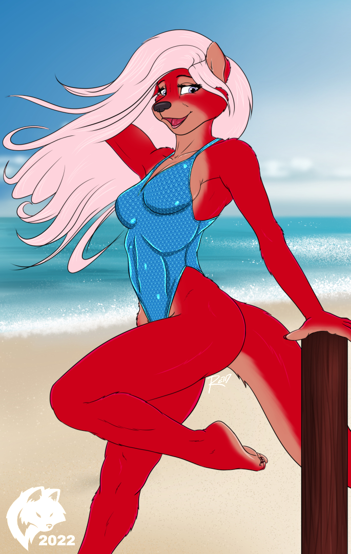 2022 anthro barefoot beach black_nose blue_eyes breasts cheyanne_matoka claws cleavage clothed clothing digital_media_(artwork) feet female finger_claws fingers flat_colors fur ghostwolf hair hand_behind_head humanoid_feet humanoid_hands long_hair lutrine mammal mustelid navel_outline one-piece_swimsuit open_mouth open_smile outside pink_hair raised_foot red_body red_fur sand sea sea_otter seaside signature smile solo swimwear toe_claws toe_curl toes tongue water white_hair