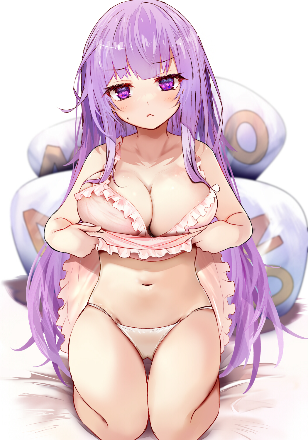 1girl bangs bare_arms bare_shoulders blush breasts cleavage closed_mouth collarbone efe full_body highres kneeling large_breasts long_hair navel panties patchouli_knowledge purple_eyes purple_hair sleeveless solo thighs touhou underwear white_panties