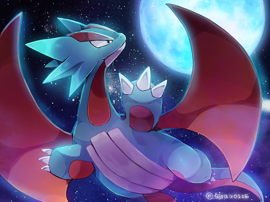 animal_focus artist_name black_eyes blue_moon claws closed_mouth commentary_request dragon flying from_below full_moon looking_back moon night no_humans outdoors pokemon pokemon_(creature) red_wings salamence shira_(sirairo116) signature sky solo star_(sky) starry_sky twitter_username wings