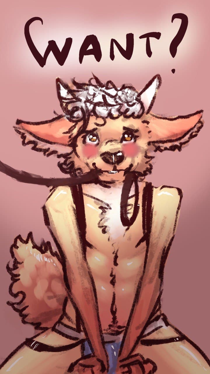 anthro anxiouslynx biting_leash blush body_hair bovid bulge caprine clothed clothing collar curled_hair digital_media_(artwork) english_text fur goat hair hi_res horn hybrid jockstrap kneeling leash looking_up male mammal puppy_eyes raised_tail simple_background smile solo submissive text underwear