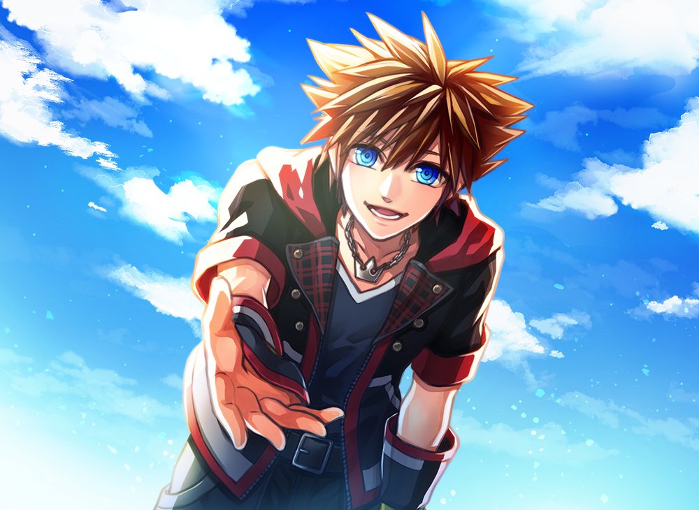 1boy belt_buckle black_jacket black_shirt blue_eyes blue_sky brown_eyes buckle chain_necklace cloud cloudy_sky cowboy_shot hair_between_eyes hood hood_down hooded_jacket jacket jewelry kingdom_hearts kingdom_hearts_iii leaning_forward looking_at_viewer lower_teeth male_focus multicolored_clothes multicolored_jacket necklace open_mouth outdoors reaching_out red_jacket shirt short_hair short_sleeves sky smile solo sora_(kingdom_hearts) spiked_hair teeth twilightend two-tone_jacket