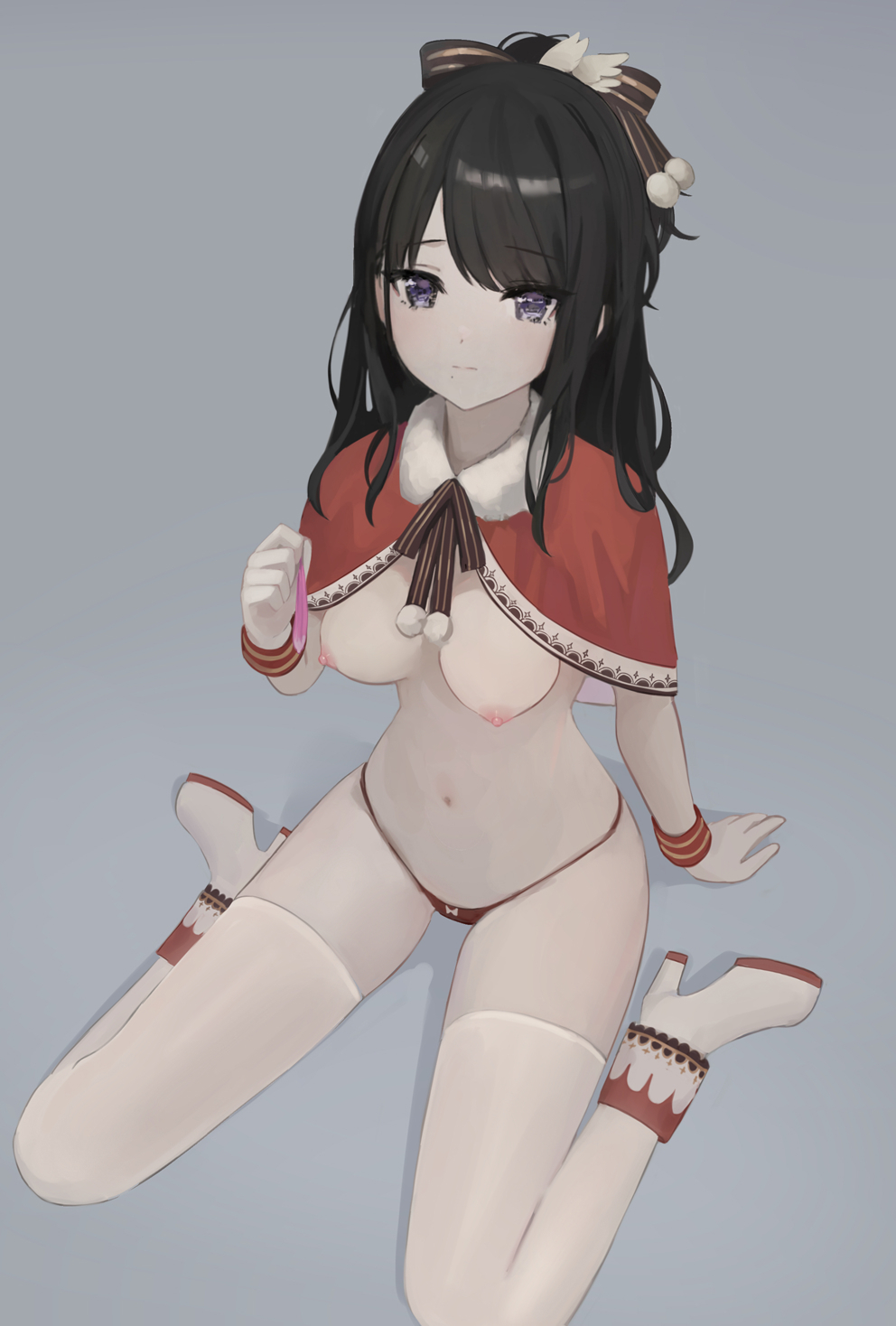 1girl anouetto arm_support bangs black_hair breasts capelet colored_shoe_soles condom full_body fur-trimmed_capelet fur_trim grey_background hair_ornament hand_up high_heels highres holding holding_condom idolmaster idolmaster_shiny_colors kazano_hiori long_hair looking_at_viewer medium_breasts mole mole_under_mouth navel nipples panties purple_eyes red_capelet red_panties red_wristband simple_background sitting solo string_panties striped_wristband swept_bangs thighhighs underwear used_condom wariza white_footwear white_thighhighs yellow_wristband