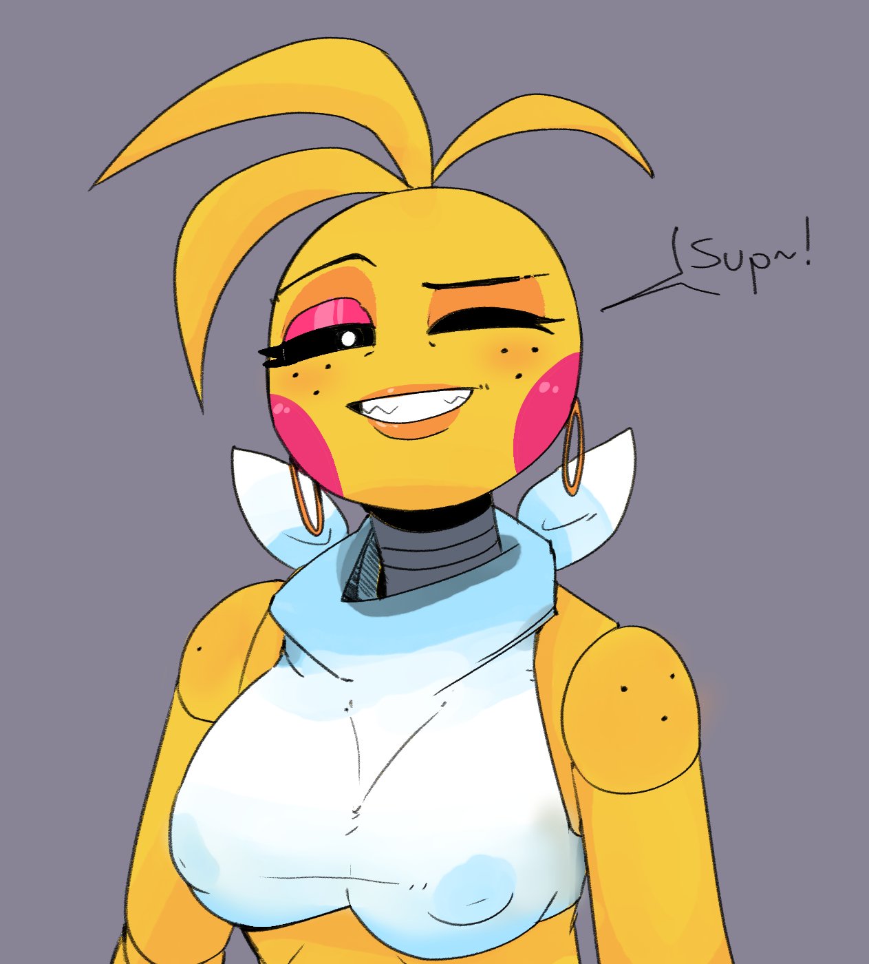 animatronic anthro avian bib big_breasts bird black_sclera blonde_hair blush blush_stickers breasts chicken clothing digital_drawing_(artwork) digital_media_(artwork) ear_piercing ear_ring english_text exclamation_point female five_nights_at_freddy's five_nights_at_freddy's_2 freckles galliform gallus_(genus) hair hi_res lips looking_at_viewer machine nipples one_eye_closed phasianid piercing pupils ring_piercing robot scottgames sharp_teeth simple_background smile solo speech_bubble teeth text topwear toy_chica_(fnaf) translucent translucent_clothing translucent_topwear video_games white_clothing white_pupils white_topwear wink winking_at_viewer yellow_body zhenai