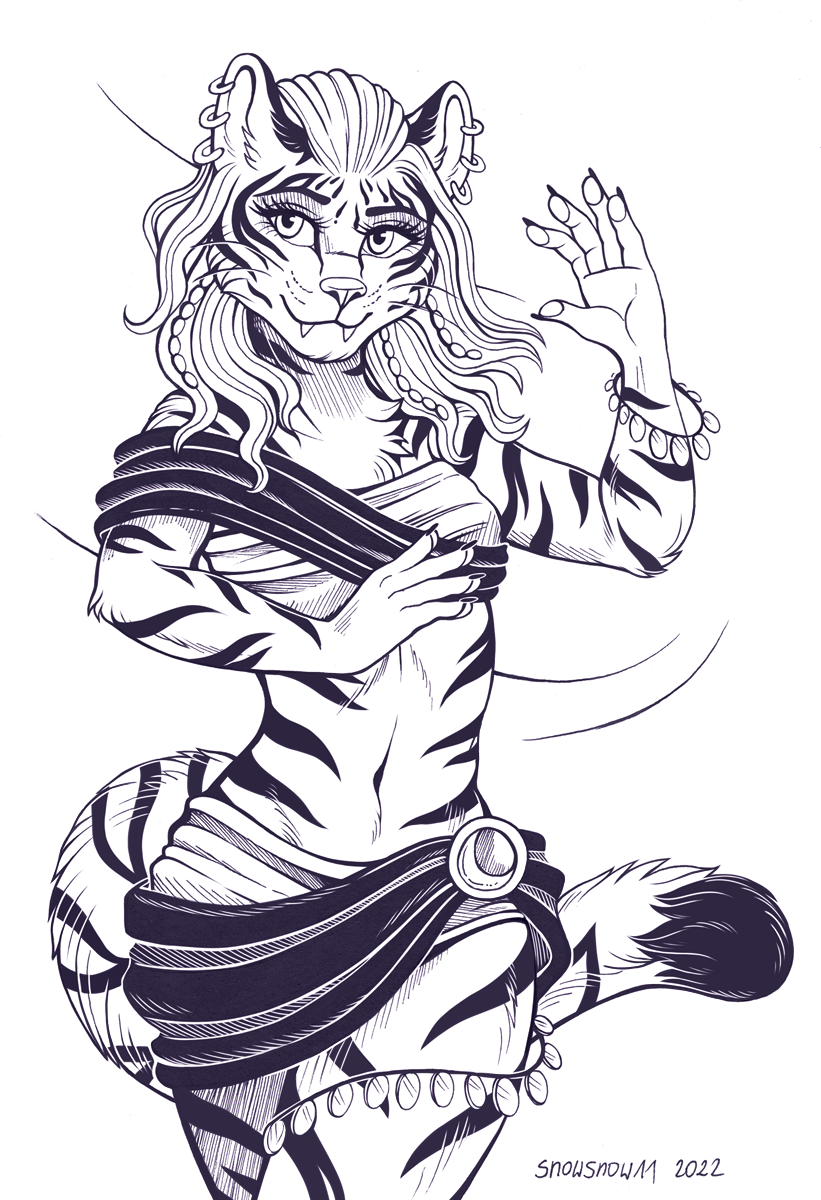 2022 5_fingers anthro bethesda_softworks breasts claws clothed clothing dancer_outfit dancing ear_piercing ear_ring fangs felid female finger_claws fingers fur hair hi_res humanoid_hands khajiit mammal midriff navel piercing riilitha ring_piercing sketch smile snowsnow11 solo striped_body striped_fur stripes the_elder_scrolls traditional_media_(artwork) video_games