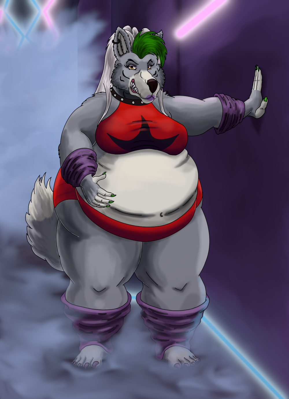 anthro belly belly_expansion big_butt bloated breasts butt canid canine canis expansion female five_nights_at_freddy's five_nights_at_freddy's:_security_breach hi_res mammal osiol overweight overweight_anthro overweight_female roxy scottgames solo video_games wolf