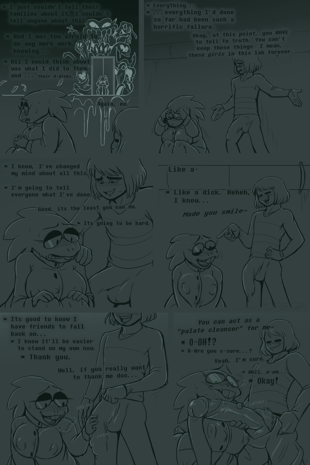 alphys alternate_universe amalgamate anthro big_penis bite biting_lip blush bodily_fluids breathing bulge clothed clothing comic cum cum_drip dripping duo english_text eyewear female flashback frisk_(undertale) frisky_(under(her)tail) genital_fluids genitals glasses hi_res human humanoid imminent_sex living_cum lizard male male/female mammal nipple_piercing nipples partially_clothed penis piercing precum reptile scalie standing sweat text thewill under(her)tail undertale undertale_(series) undressing video_games