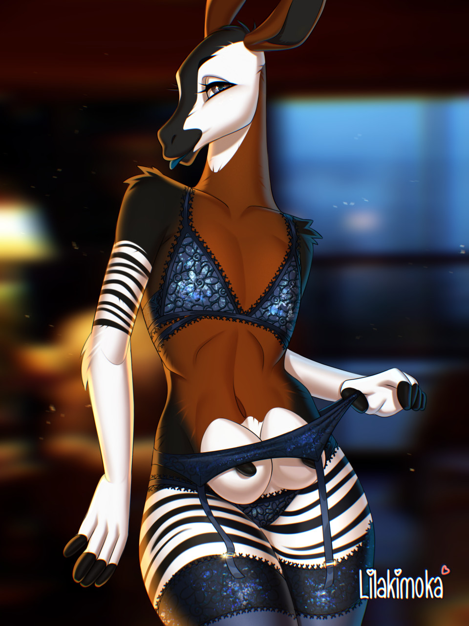 3:4 anthro blue_tongue clothing female giraffid hi_res illah_oakridge lilakimoka lingerie mammal okapi solo teats tongue udders