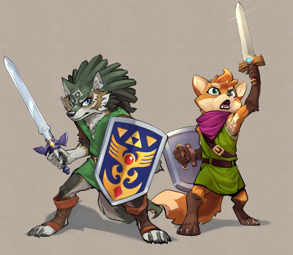 ambiguous_gender anthro boots canid canine canis clothing duo elranno footwear fox hylian_shield link_(wolf_form) male mammal master_sword melee_weapon nintendo open_mouth ruin_seeker shield sword the_legend_of_zelda toeless_boots toeless_footwear tunic tunic_(video_game) video_games weapon wolf