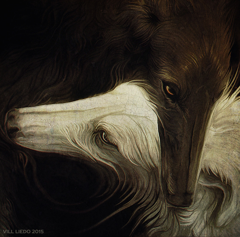 2015 ambiguous_gender black_body black_fur borzoi brown_eyes canid canine canis chin_on_head dated digital_media_(artwork) digital_painting_(artwork) domestic_dog duo feral fur green_eyes hunting_dog looking_forward mammal sighthound signature villiedoom white_body white_fur