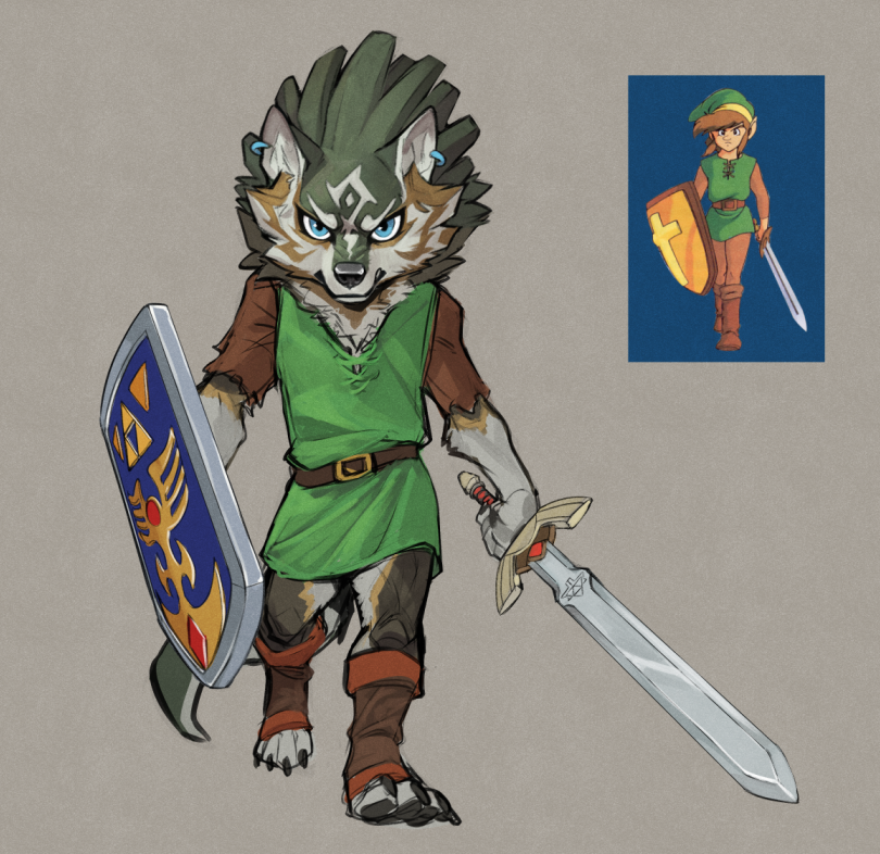 anthro boots canid canine canis clothing elranno footwear humanoid hylian hylian_shield link link_(wolf_form) looking_at_viewer male mammal master_sword melee_weapon nintendo reference_image shield solo sword the_legend_of_zelda toeless_boots toeless_footwear tunic video_games weapon wolf