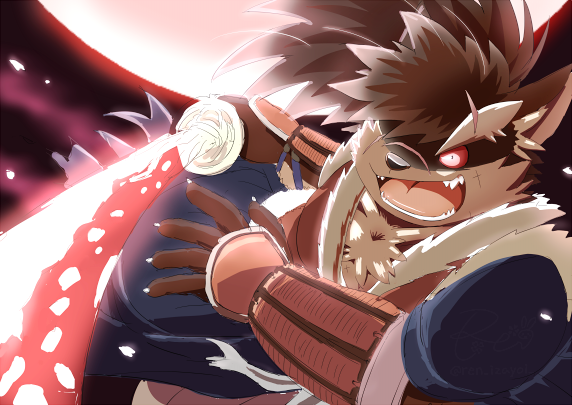 anthro armor canid canine canis clothing domestic_dog eyebrows gauntlets gloves hair hair_over_eye handwear katana lifewonders male mammal melee_weapon moon one_eye_obstructed red_moon ren_izayoi samurai scar shino_(housamo) solo sword thick_eyebrows tokyo_afterschool_summoners video_games warrior weapon