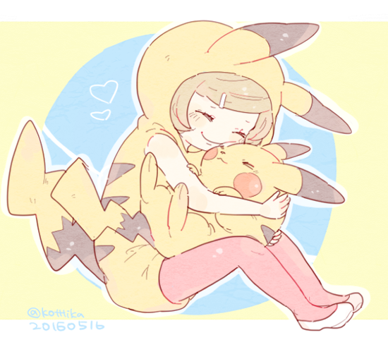 1girl 2016 ^_^ blonde_hair closed_eyes closed_mouth cosplay dated full_body hair_ornament hairclip heart hood hood_up hug katiko no_nose pantyhose pikachu pikachu_(cosplay) pink_pantyhose poke_kid_(pokemon) pokemon pokemon_(creature) pokemon_(game) pokemon_dppt shoes short_hair sitting smile twitter_username white_footwear