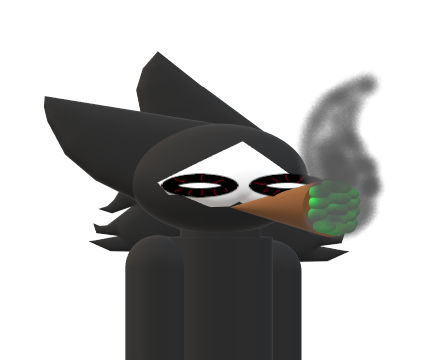 ambiguous_gender anthro black_body black_fur black_sclera canid canine canis changed_(video_game) drug_usage drugs fur latex_creature low_res mammal marijuana paint_3d pupils puro_(changed) smoking solo unknown_artist white_mask white_pupils wolf