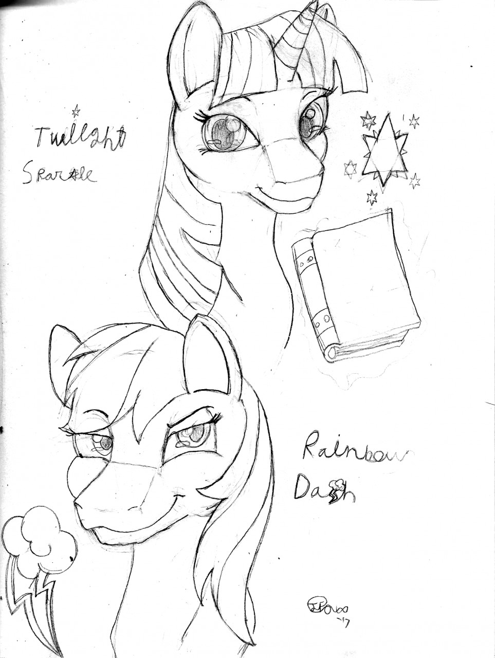 2017 book cutie_mark duo equid equine female feral friendship_is_magic half-closed_eyes hasbro headshot_portrait hi_res horn horse jimfoxx looking_at_viewer mammal mane monochrome mouth_closed my_little_pony narrowed_eyes pony portrait rainbow_dash_(mlp) signature sketch sketch_page smile smiling_at_viewer smirk text twilight_sparkle_(mlp) unicorn unicorn_horn wide_eyed