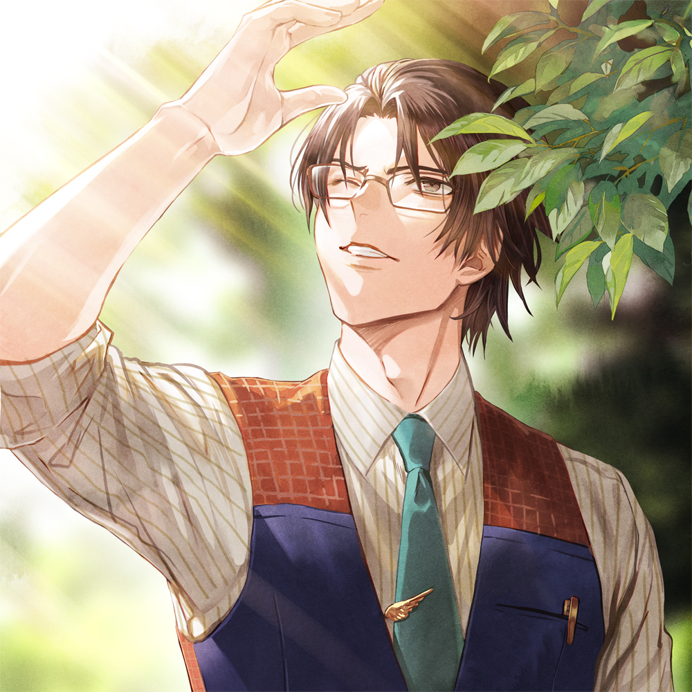 1boy adam's_apple aqua_necktie brown_hair character_request clip facing_viewer formal glasses granblue_fantasy hand_up looking_up male_focus necktie one_eye_closed panmijin99 parted_lips short_hair sleeves_rolled_up solo suit sunlight upper_body
