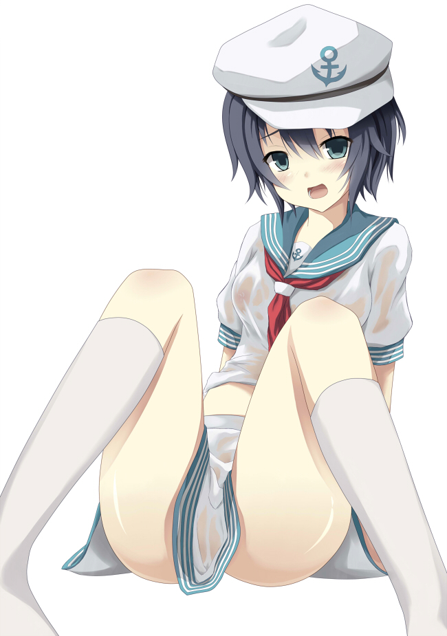 bad_id bad_pixiv_id blush breasts hat leaning_back looking_at_viewer medium_breasts murasa_minamitsu nipples open_mouth sailor sailor_hat samegami see-through simple_background sitting skirt socks solo touhou wet wet_clothes