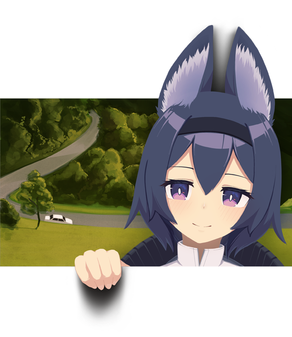1girl animal_ear_fluff animal_ears bangs black_hair blush car closed_mouth english_commentary fourth_wall fox_ears ghost_car ground_vehicle hairband jacy looking_at_viewer motor_vehicle original parody purple_eyes road short_hair smile solo souko_chie transparent_background tree turtleneck