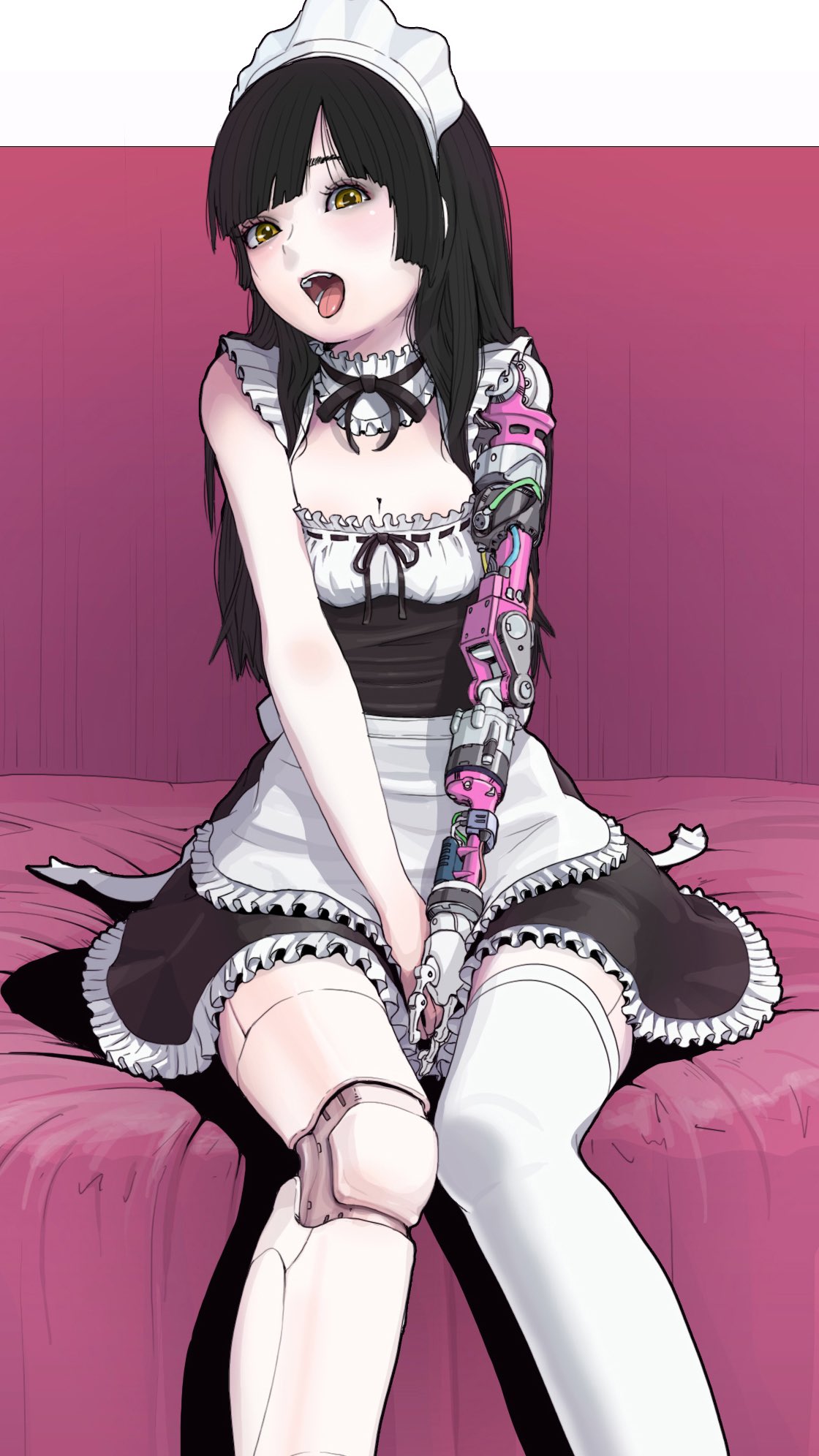 1girl apron bangs between_legs black_hair blush breasts hand_between_legs highres joints long_hair looking_at_viewer maid_apron maid_headdress mechanical_arms mechanical_legs on_bed open_mouth original robot_joints single_mechanical_arm single_mechanical_leg single_thighhigh sitting sleeveless small_breasts sukabu thighhighs tongue tongue_out v_arms yellow_eyes
