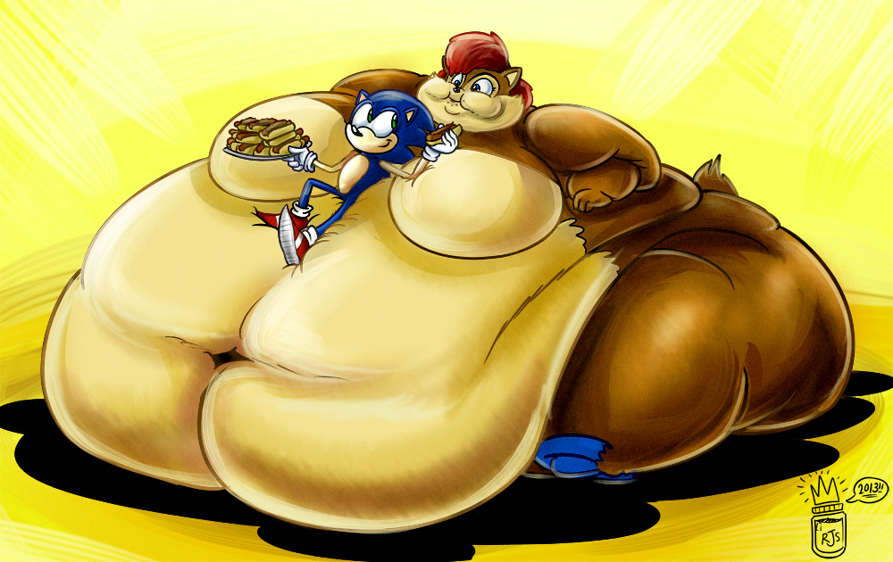 2013 anthro archie_comics belly big_belly black_nose blue_body blue_eyes breasts brown_body chipmunk chubby_cheeks clothing digital_media_(artwork) duo eating eulipotyphlan featureless_breasts feeding female fingers food footwear green_eyes ground_squirrel hair hedgehog holding_food holding_object hot_dog hyper hyper_belly larger_female lying male mammal morbidly_obese morbidly_obese_anthro morbidly_obese_female navel obese obese_anthro obese_female overweight overweight_anthro overweight_female plate red_hair rodent royaljellysandwich sally_acorn sciurid scut_tail sega shoes short_tail signature size_difference smaller_male sonic_the_hedgehog sonic_the_hedgehog_(archie) sonic_the_hedgehog_(comics) sonic_the_hedgehog_(series) tan_body torn_shoes