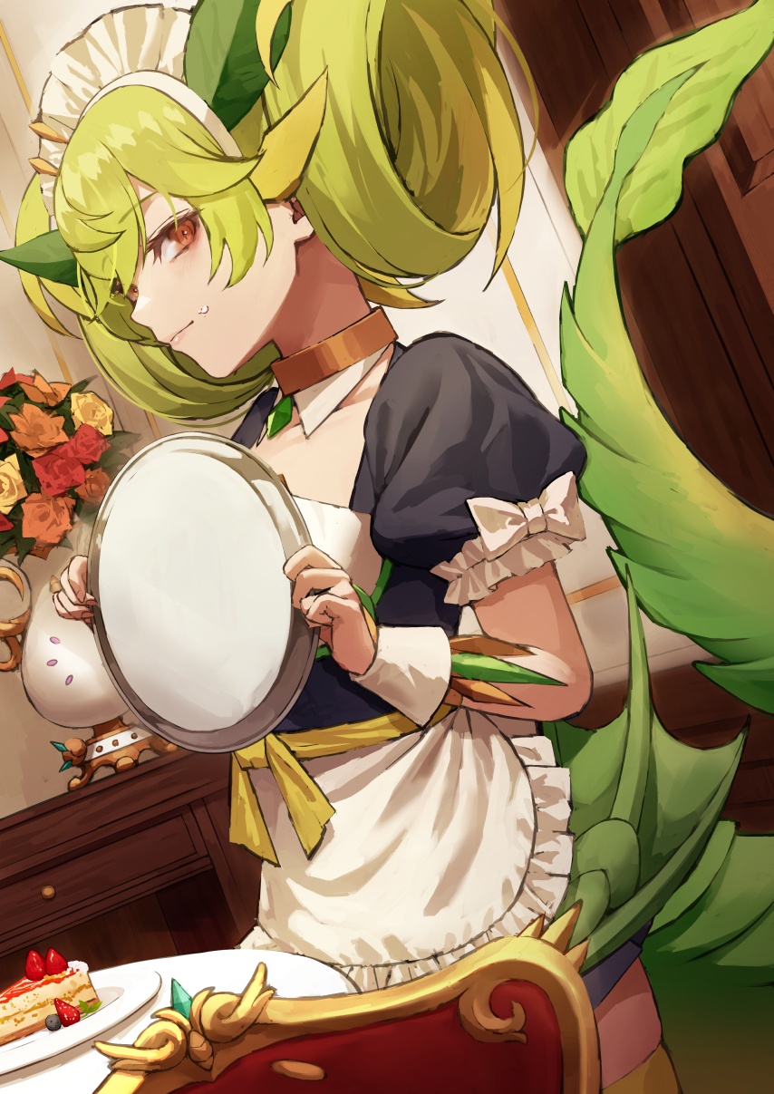 1girl apron bangs black_dress brown_eyes brown_rose chair closed_mouth collarbone commentary_request dragon_girl dragon_horns dragon_tail dress duel_monster fagi_(kakikaki) flower food food_on_face frilled_apron frills from_side green_hair highres holding holding_tray horns indoors looking_at_viewer looking_to_the_side parlor_dragonmaid puffy_short_sleeves puffy_sleeves red_flower red_rose rose short_sleeves solo standing table tail tail_raised tray waist_apron white_apron wrist_cuffs yellow_flower yellow_rose yu-gi-oh!