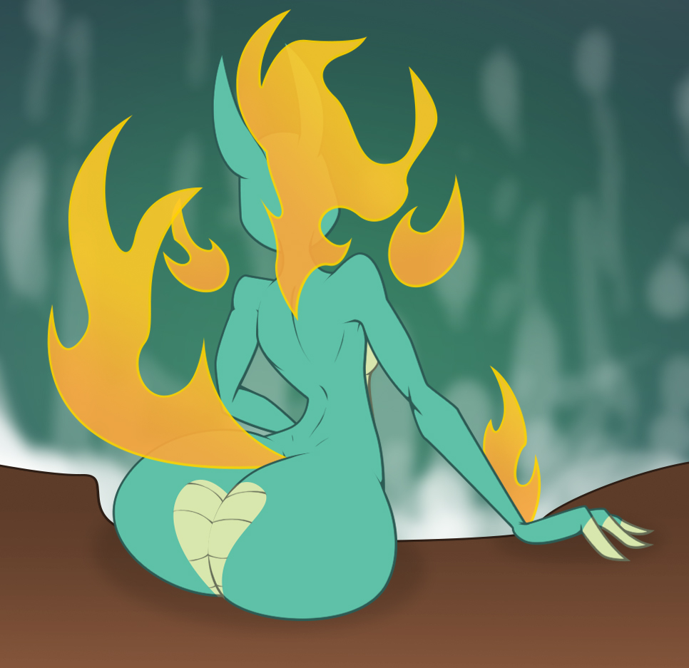 2018 anthro asian_mythology big_butt breasts butt chinese_mythology digital_media_(artwork) dragon east_asian_mythology equid equine female fire flaming_hair flaming_tail flaming_wings floating_wings green_body jrvanesbroek longma mammal mythology nude pseudo_hair rear_view scalie side_boob small_waist solo them's_fightin'_herds tianhuo_(tfh) wings