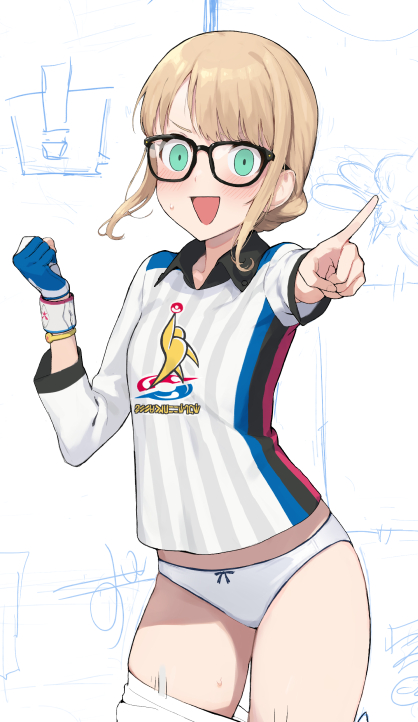 ! 1girl accio bangs blonde_hair blue_eyes blush bracelet clothes_pull collared_shirt glasses gloves jewelry long_sleeves looking_at_viewer open_mouth original panties pants pants_pull pointing pointing_at_viewer pokemon pokemon_(game) pokemon_swsh shirt sidelocks single_glove smile solo speech_bubble standing underwear white_background white_panties