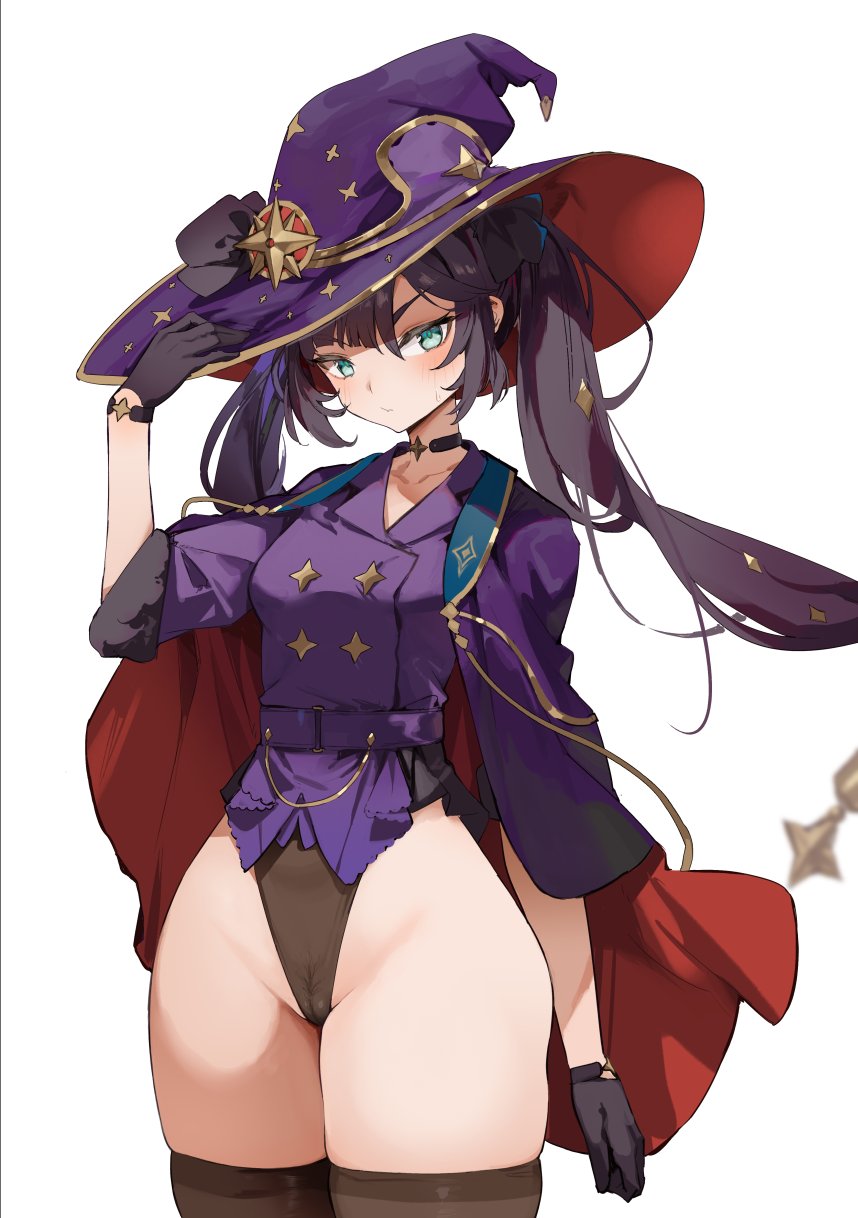 1girl alternate_costume bangs black_choker black_gloves black_hair black_leotard black_thighhighs blush breasts buttons cameltoe cape choker closed_mouth collarbone commentary cowboy_shot double-breasted female_pubic_hair floating_hair fur-trimmed_sleeves fur_trim genshin_impact gloves gold_trim green_eyes groin hair_between_eyes hair_ribbon hand_on_headwear hand_up hat hat_ornament hat_ribbon highleg highleg_leotard highres jacket legs_together leotard leotard_under_clothes long_hair looking_at_viewer medium_breasts mona_(genshin_impact) ponytail_holder pubic_hair purple_belt purple_cape purple_headwear purple_jacket ribbon see-through sidelocks simao_(x_x36131422) simple_background skindentation solo sparkle_print star_(symbol) star_choker sweatdrop swept_bangs thick_thighs thighhighs thighs twintails v-shaped_eyebrows white_background wide_hips witch_hat wristband