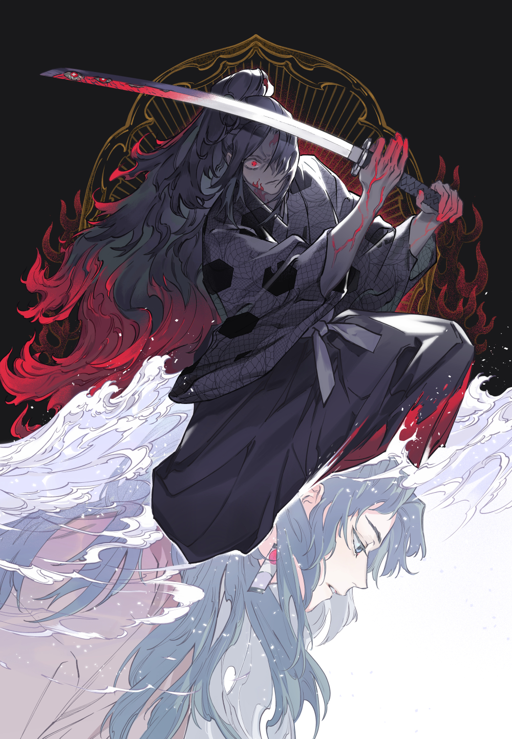 2boys angry black_background black_hair blood blood_on_clothes blood_on_hands brothers earrings extra_eyes facial_mark fighting_stance furrowed_brow hakama hanafuda hands_up highres holding holding_sword holding_weapon inkerpape japanese_clothes jewelry kimetsu_no_yaiba kokushibou long_hair long_sleeves looking_away multicolored_hair multiple_boys one_eye_covered pale_skin ponytail profile projected_inset red_hair reflection siblings solo_focus spoilers sword tsugikuni_michikatsu tsugikuni_yoriichi two-tone_hair unsheathed veins veiny_arms veiny_hands very_long_hair waves weapon white_background