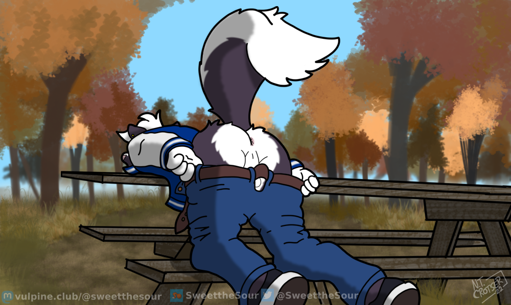 2022 all_fours anthro anus autumn backsack balls belt bench black_body black_fur butt butt_focus butt_shot byron_(n._t._crotser) clothing digital_media_(artwork) fingers fluffy fluffy_tail footwear forest forest_background fur genitals hair hands jacket leaf letterman_jacket male mammal mephitid multicolored_body multicolored_fur n._t._crotser nature nature_background outside perineum picnic_table plant presenting presenting_anus presenting_hindquarters pulling_pants_down raised_tail rear_view shoes skunk solo striped_body striped_fur stripes submissive submissive_male topwear tree two_tone_body two_tone_fur white_body white_fur white_hair