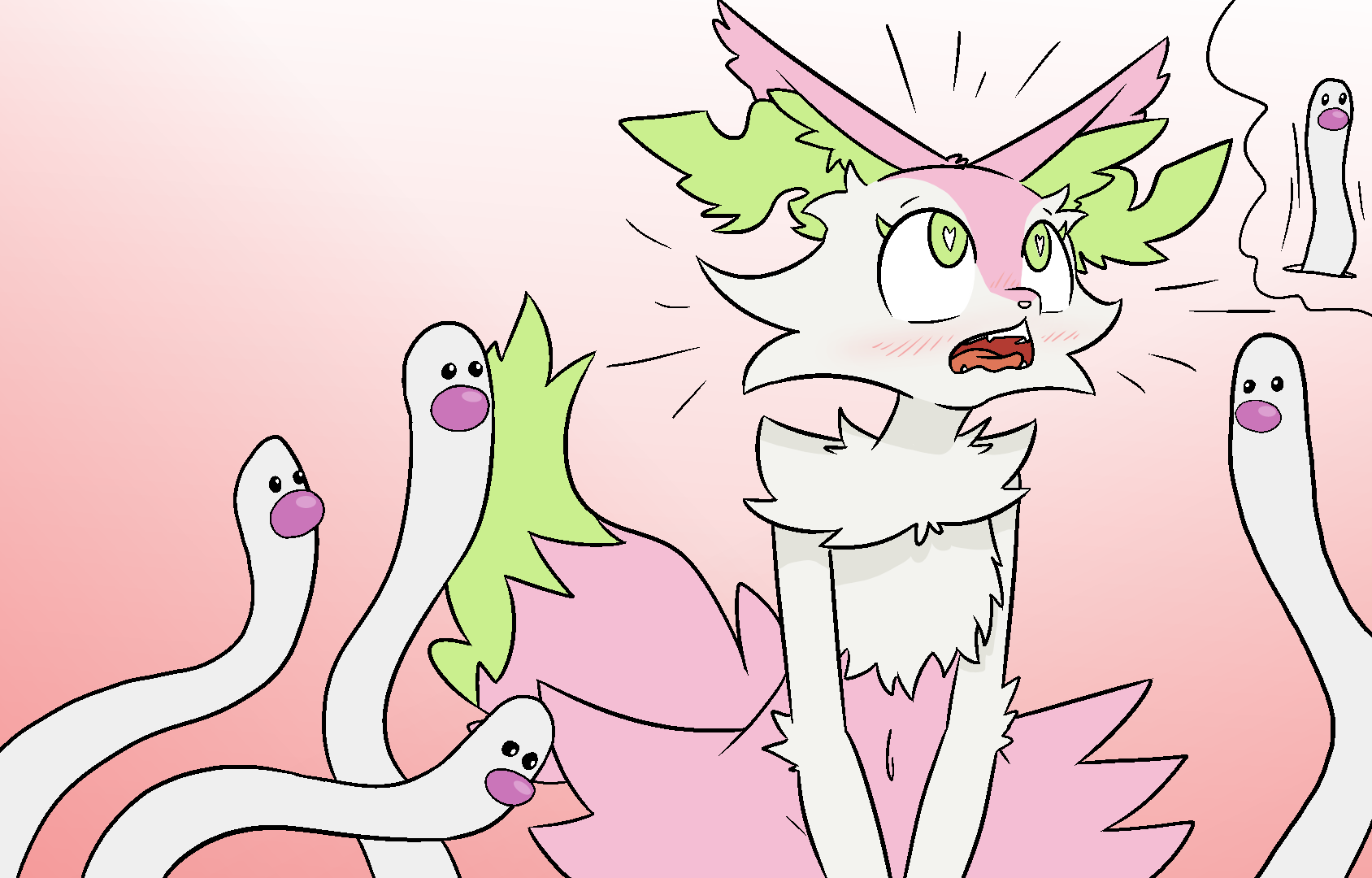 &lt;3 &lt;3_eyes alternate_color ambiguous_gender ambiguous_penetration blush delphox fangs female female/ambiguous feral fur generation_6_pokemon green_eyes group happy_harvey hi_res navel nintendo open_mouth penetration phone_drawing pink_body pink_fur pokemon pokemon_(species) requested shocked_expression sitting video_games white_body wiglett
