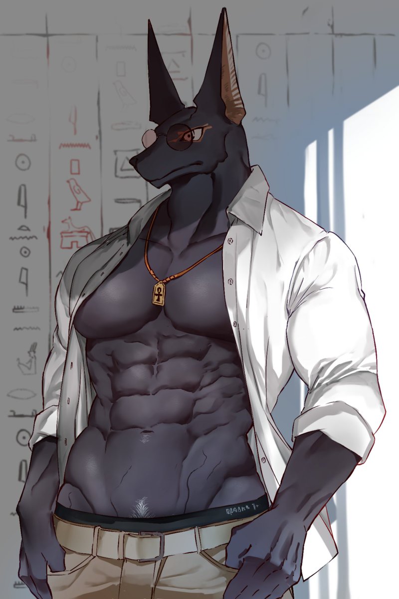 abs anthro anubian_jackal anubis bottomwear canid canine canis clothed clothing deity egyptian_mythology eyewear hi_res jackal jewelry male mammal middle_eastern_mythology muscular muscular_anthro muscular_male mythology necklace open_clothing open_shirt open_topwear pants passionpit777 pecs shirt solo sunglasses topwear