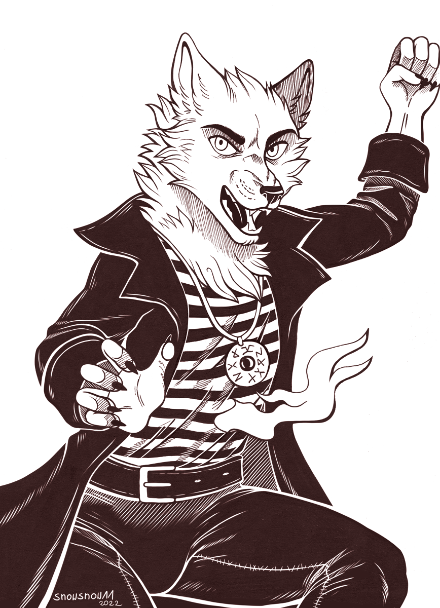 2022 5_fingers anthro belt black_and_white bottomwear canid canine canis claws clothed clothing corruption fangs finger_claws fingers fur hi_res humanoid_hands jacket jewelry male mammal medallion monochrome necklace open_mouth pants pattern_clothing pattern_shirt pattern_topwear shirt signature sketch snowsnow11 solo striped_clothing striped_shirt striped_topwear stripes teeth tongue topwear wolf