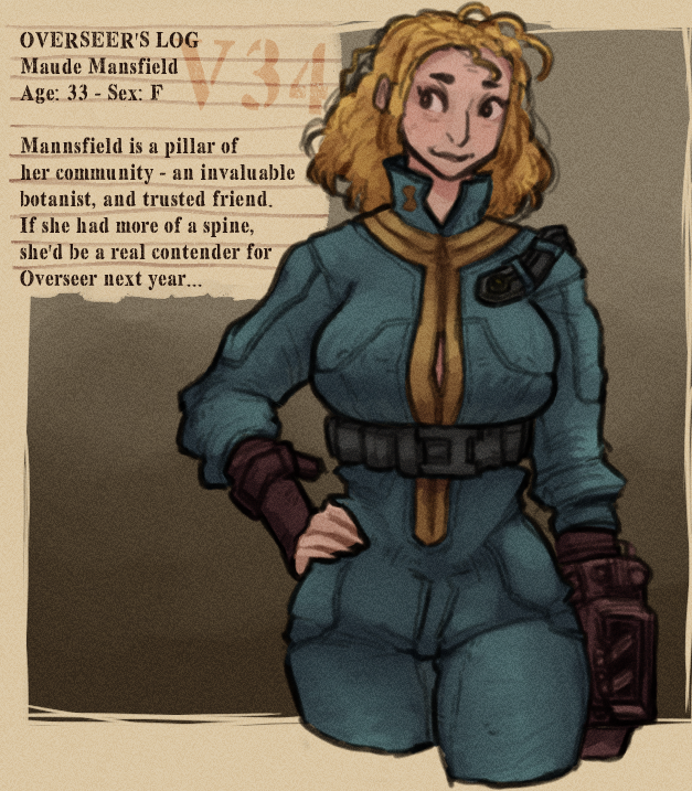 belt bethesda_softworks big_breasts black_eyes blonde_hair bodysuit breasts clothing curled_tail fallout fan_character female hair hand_on_hip huge_breasts human jumpsuit lore mammal mature_female md34 medium_hair pale_skin pip-boy skinsuit smile solo technology tight_clothing vault_dwellers_(fallout) vault_suit video_games wardrobe_malfunction wide_hips