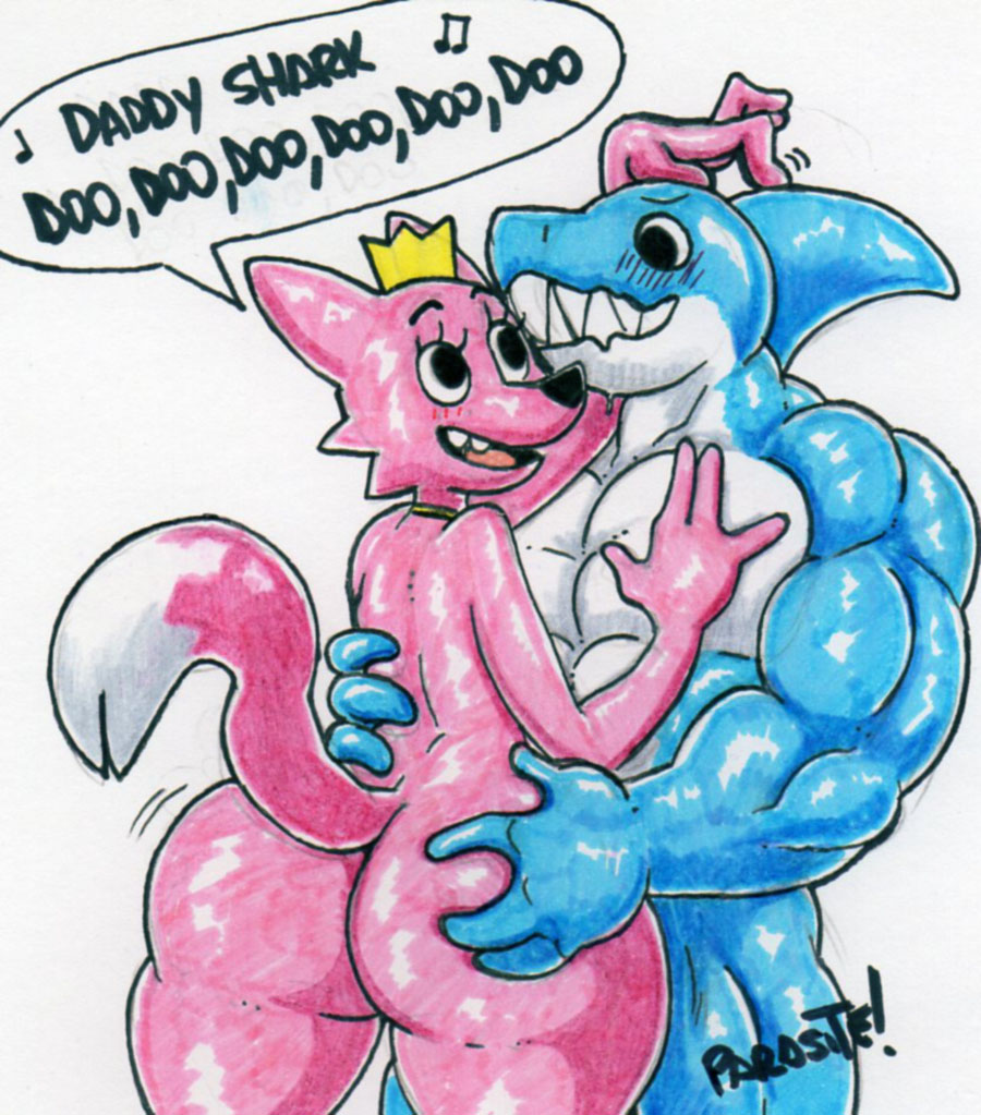 2020 ambiguous_gender anthro butt butt_grab canid canine daddy_shark_(character) duo fish fox hand_on_butt male mammal marine parasitedeath pinkfong_(character) pinkfong_wonderstar shark singing song song_lyrics tagme