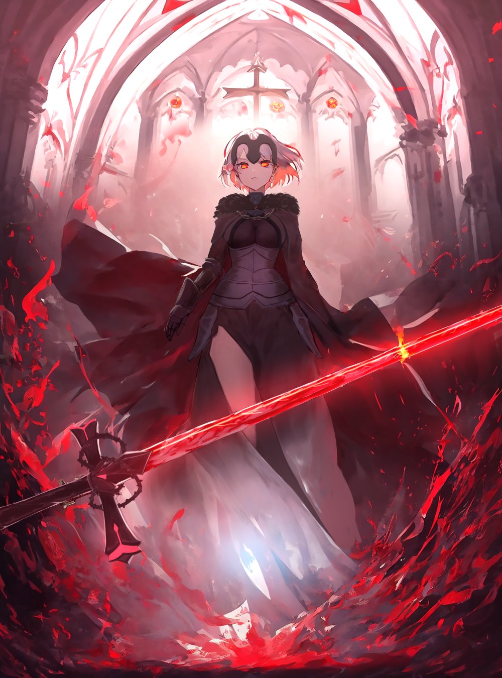 1girl :&lt; aomaru_(shta-chu-jisuiai) armor armored_dress black_cape cape chain closed_mouth commentary_request cross dress fate/grand_order fate_(series) fur-trimmed_cape fur_trim gauntlets glowing glowing_sword glowing_weapon headpiece highres indoors jeanne_d'arc_alter_(avenger)_(fate) jeanne_d'arc_alter_(avenger)_(first_ascension)_(fate) jeanne_d'arc_alter_(fate) latin_cross looking_at_viewer orange_eyes plackart short_hair solo sword weapon white_hair