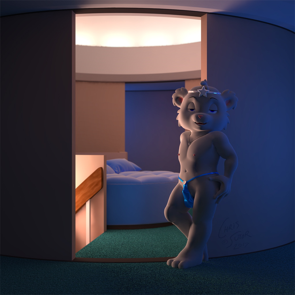 accessory anthro bedroom_eyes bikini_thong carpet chris_sutor clothed clothing cobalt_(chris_sutor) delos doorway headband jewelry leaning_on_wall looking_at_viewer male mammal narrowed_eyes necklace night nipples round_bed seductive solo suggestive_pose swimwear topless ursid