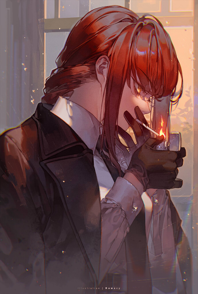 1girl artist_name black_gloves black_jacket black_necktie chainsaw_man cigarette commentary_request fire flame from_side gloves holding holding_cigarette holding_lighter jacket jacket_on_shoulders kawacy lighter lighting_cigarette long_hair long_sleeves makima_(chainsaw_man) necktie orange_eyes profile red_hair solo upper_body window