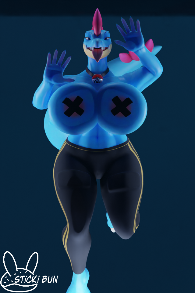 2022 3d_(artwork) against_surface anthro areola big_breasts blue_body bottomwear breasts breasts_on_glass clothed clothing collar digital_media_(artwork) female feraligatr generation_2_pokemon huge_breasts legwear looking_at_viewer navel nintendo nipple_tape nipples on_glass open_mouth pants pasties pink_nipples pokemon pokemon_(species) scalie simple_background smile solo sticki_bun tape tongue tongue_out video_games yuki_(evov1) yukigatr_(evov1)