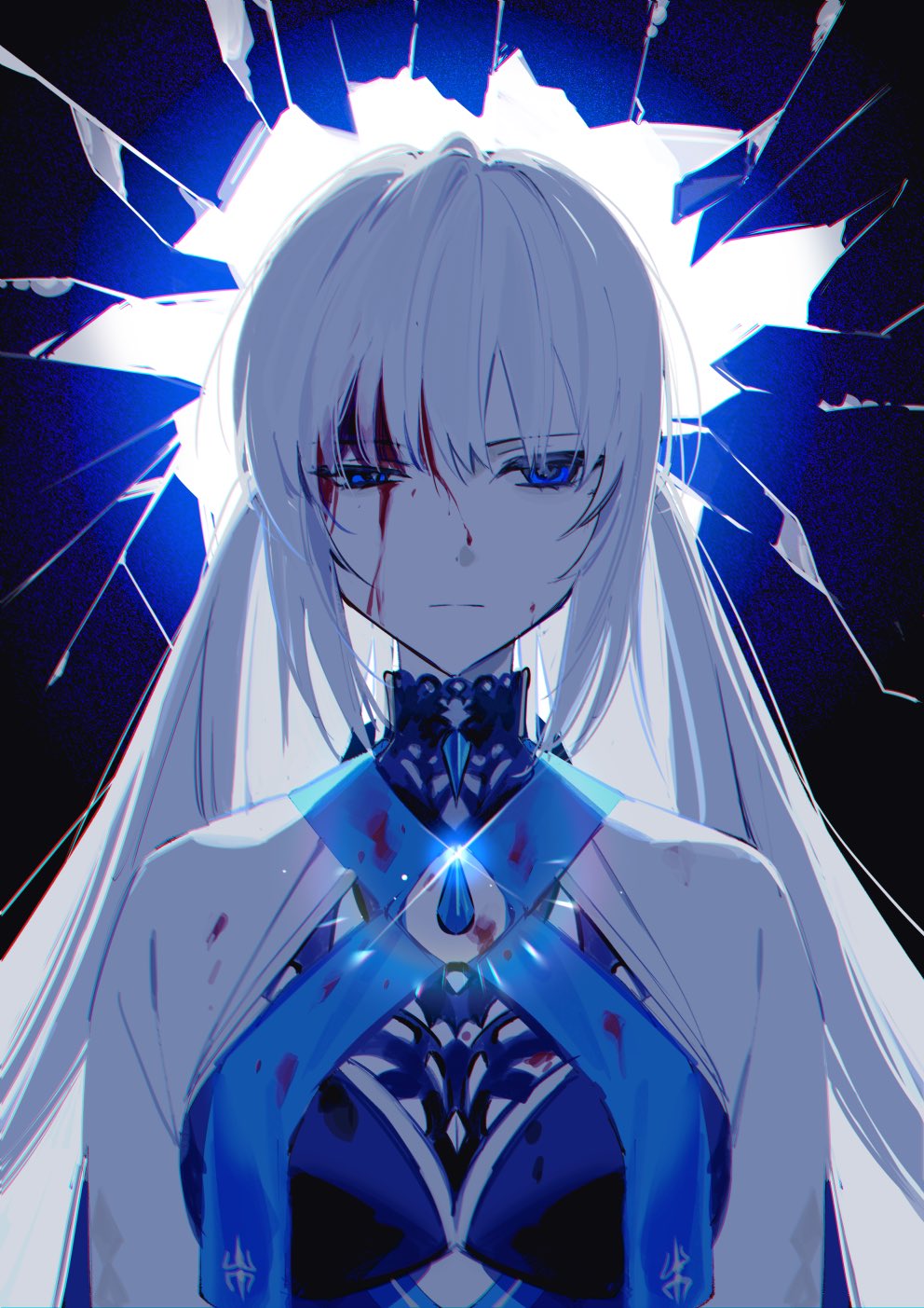 1girl black_choker blood blood_on_clothes blood_on_face blue_eyes blue_ribbon breasts choker closed_mouth fate/grand_order fate_(series) glass grey_hair highres long_sleeves looking_at_viewer medium_breasts morgan_le_fay_(fate) multicolored_clothes ornament ribbon shiny simple_background twintails x49xp