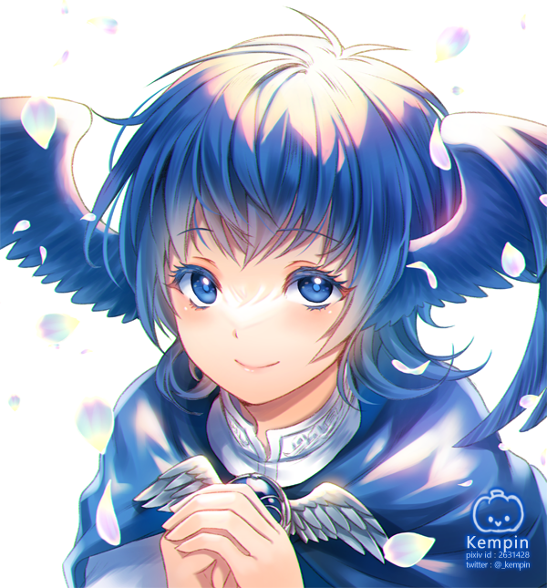 1girl artist_logo artist_name bangs blue_capelet blue_eyes blue_gemstone blue_hair brooch capelet colored_eyelashes feathered_wings final_fantasy final_fantasy_xiv gem head_wings hobak jewelry looking_at_viewer meteion own_hands_clasped own_hands_together petals pixiv_id portrait short_hair simple_background smile solo twitter_username white_background wings