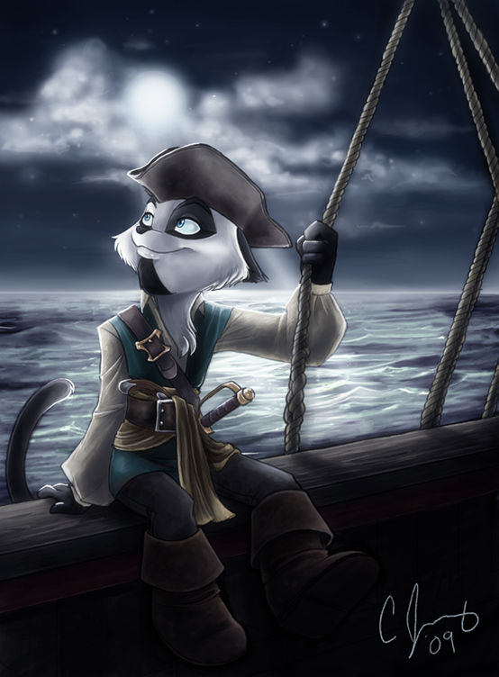 2009 anthro boots candy_palmer clothed clothing detailed_background domestic_cat felid feline felis footwear looking_aside male mammal melee_weapon night outside sailor sea ship signature sitting solo sword vehicle water watercraft weapon