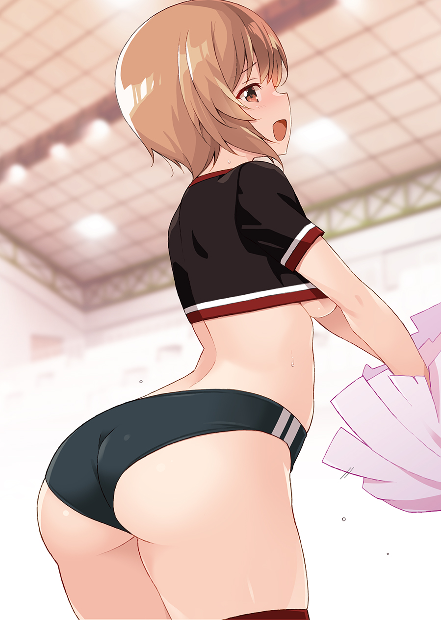 1girl arched_back ass black_buruma black_shirt blurry blurry_background blush breasts brown_eyes brown_hair buruma ceiling commentary_request crop_top girls_und_panzer gym highres holding holding_pom_poms looking_at_viewer looking_back medium_breasts nakamura_yukitoshi nishizumi_miho open_mouth pom_pom_(cheerleading) shirt short_sleeves smile solo standing thighhighs thighs underboob