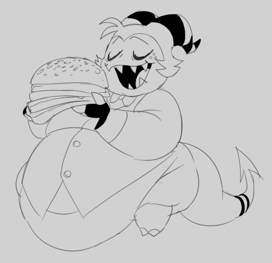 burger clothing fingerless_gloves food freckles gloves handwear helluva_boss horn imp keno9988 male monochrome morbidly_obese moxxie_(helluva_boss) obese overweight sharp_teeth solo teeth thick_tail