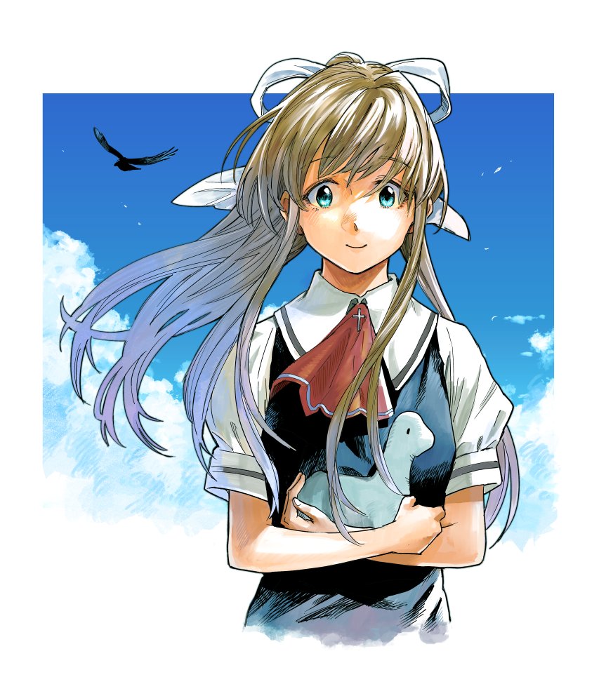 1girl air ascot bird blue_eyes brown_hair cloud hair_ribbon hiro_(chumo) holding holding_toy kamio_misuzu ponytail red_ascot ribbon school_uniform sidelocks solo stuffed_animal stuffed_dinosaur stuffed_toy toy upper_body