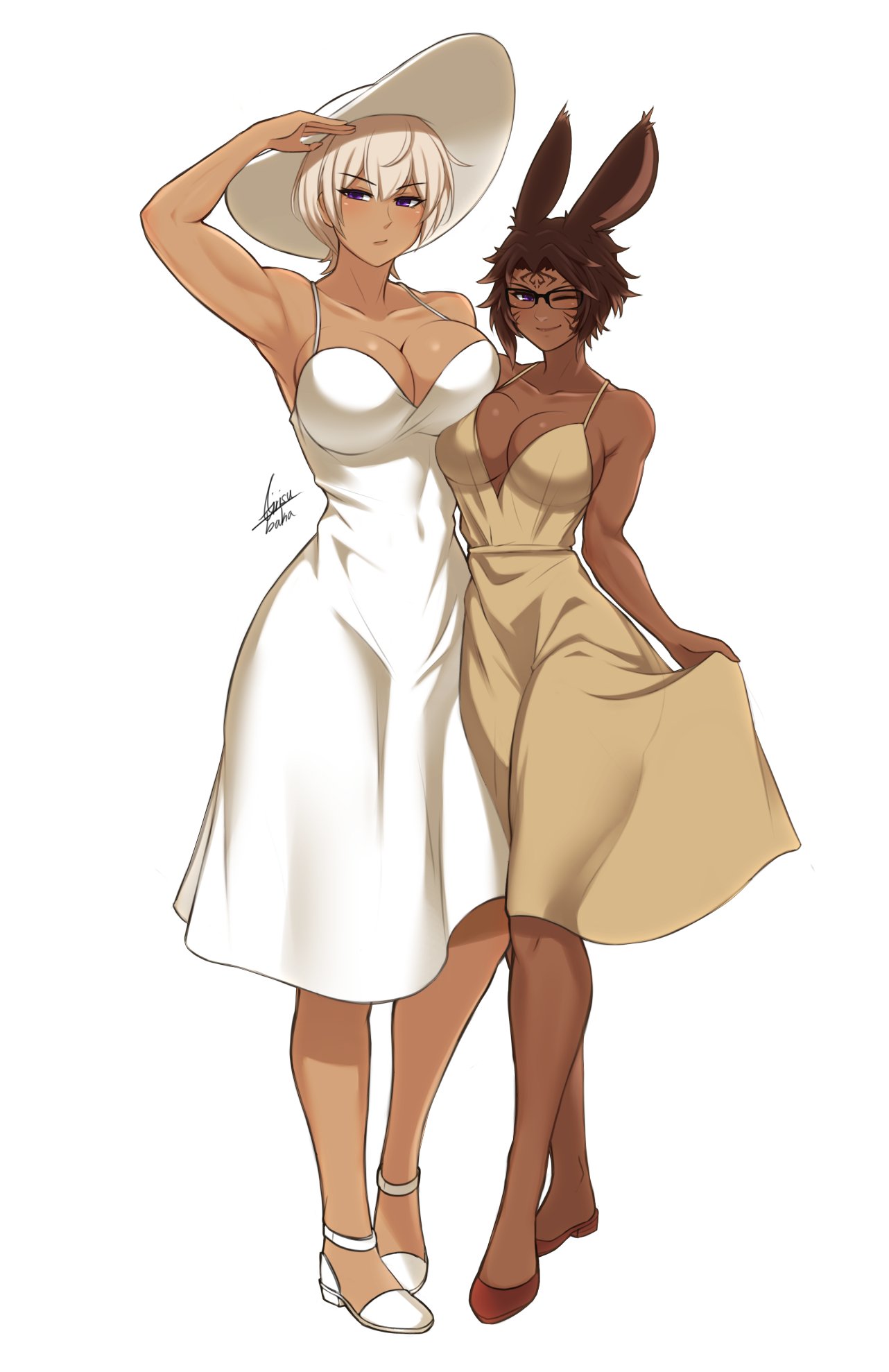 2girls :/ ;) airisubaka animal_ears arm_up armpits artist_name avatar_(ff14) bangs bare_arms bare_shoulders breasts brown_dress brown_footwear brown_hair cleavage collarbone commentary copyright_request dark-skinned_female dark_skin dress english_commentary facial_mark final_fantasy final_fantasy_xiv forehead_mark full_body glasses hair_between_eyes hat highres large_breasts looking_at_viewer multiple_girls one_eye_closed parted_bangs purple_eyes rabbit_ears shoes short_hair signature simple_background skirt_hold sleeveless sleeveless_dress smile spaghetti_strap standing sun_hat sundress toned whisker_markings white_background white_dress white_footwear white_hair