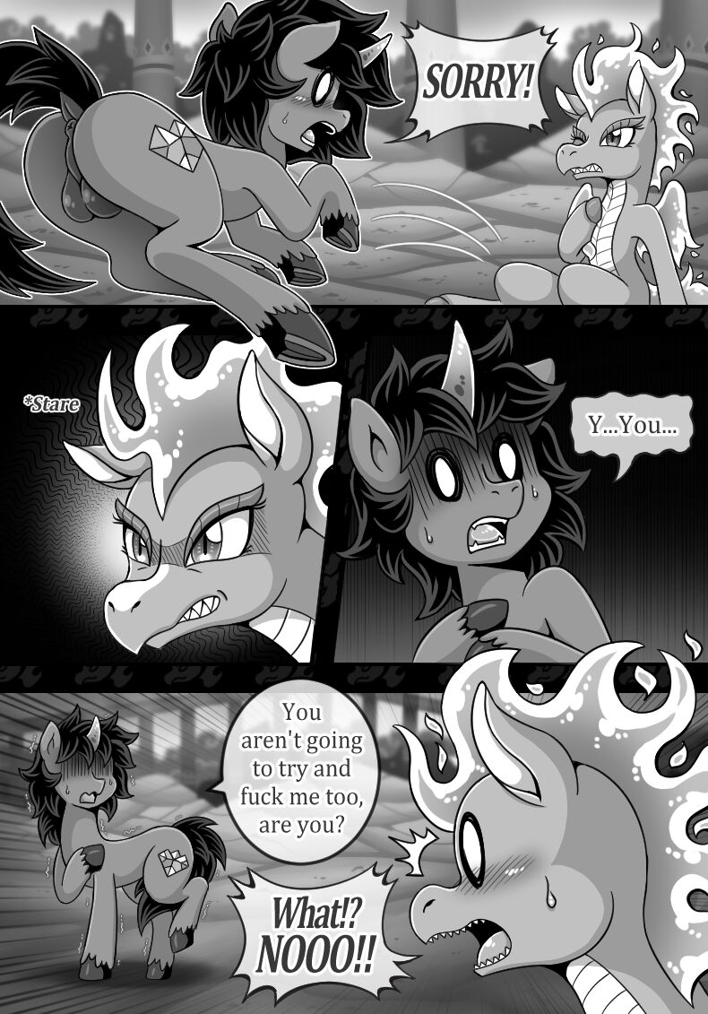 2022 angry apology asian_mythology blush bodily_fluids chinese_mythology clenched_teeth comic crossover cutie_mark dialogue digital_media_(artwork) dragon east_asian_mythology embarrassed english_text equid equine eyelashes female feral fire flaming_hair flaming_mane friendship_is_magic glare greyscale hair hasbro hooves horn horse hybrid king_sombra_(mlp) longma looking_at_another male mammal monochrome my_little_pony mythology one_eye_closed open_mouth pony pseudo_hair pseudo_mane quadruped scared sharp_teeth shocked speech_bubble stare sweat sweatdrop teeth text them's_fightin'_herds tianhuo_(tfh) unicorn vavacung white_eyes