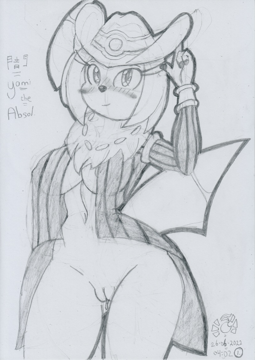 2022 absol anthro areola areola_slip blush bodily_fluids bottomless braless breasts butt_from_the_front cleft_of_venus clothed clothing female generation_3_pokemon genital_fluids genitals graphite_(artwork) hat headgear headwear holowear_(pokemon) jewelry lunaris_parukia navel neck_tuft necklace nintendo nipples open_clothing open_topwear pokemon pokemon_(species) pokemon_unite pokemorph pussy pussy_juice smile smiling_at_viewer solo tipping_hat topwear traditional_media_(artwork) tuft video_games yami_(lunaris_parukia)